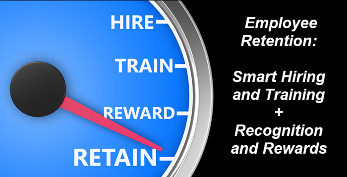 Employee Retention image showing speedometer ranging from hire, train, reward and retain.