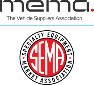 Logos of MEMA (The Vehicle Suppliers Association) and SEMA (Specialty Equipment Market Association), two leading automotive trade organizations representing vehicle parts suppliers and aftermarket manufacturers.